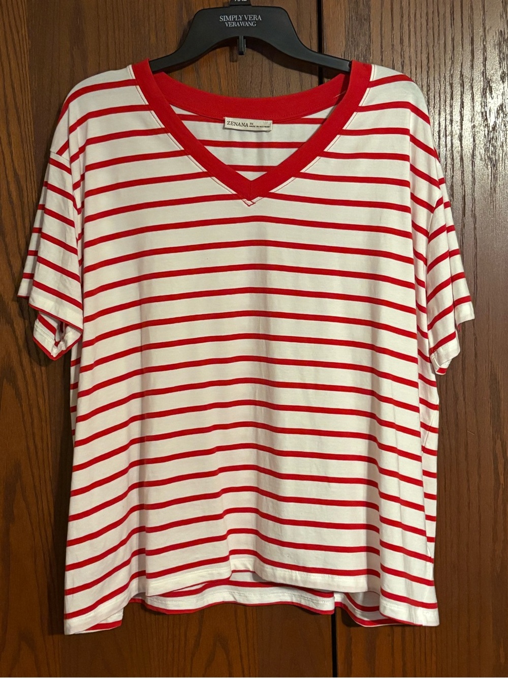 Zenana Outfitters Red and White Striped V-Neck Tee 3X